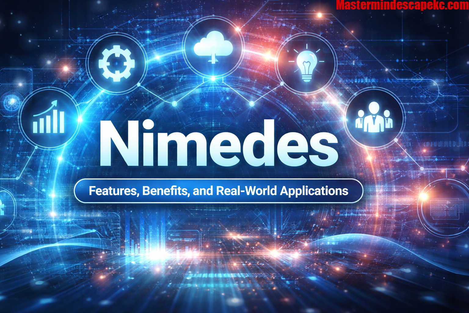 Digital infographic illustrating Nimedes features, benefits, and real-world applications with technology icons and connected systems.