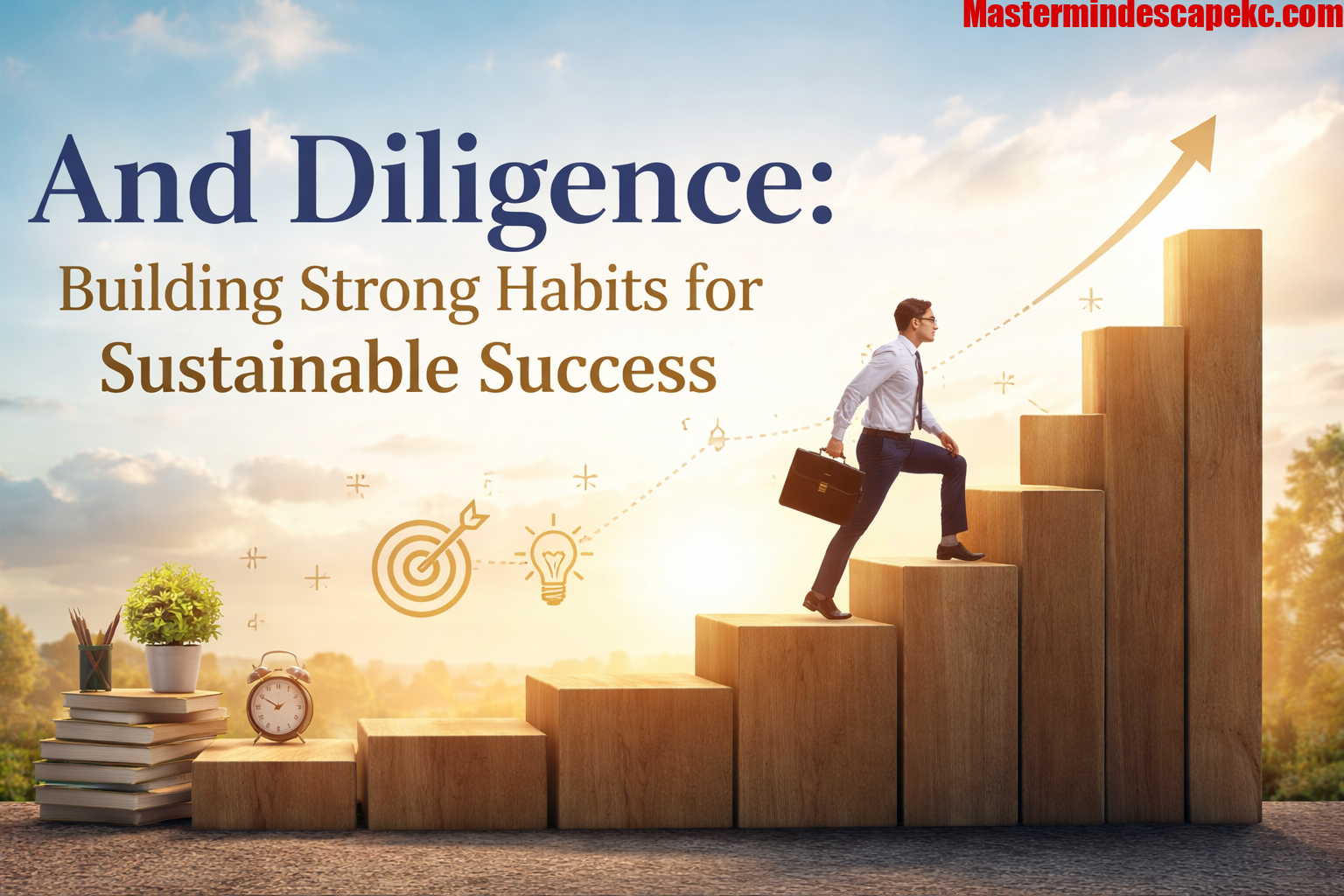 Motivational image of a man climbing steps toward success representing diligence, discipline, and strong habit building