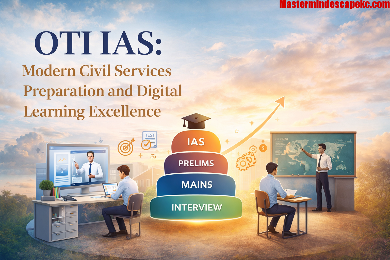 Digital illustration showing IAS preparation stages with online learning and classroom coaching representing OTI IAS system