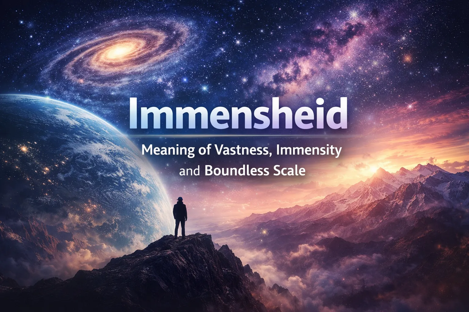 Immensheid concept showing vast universe, mountains, and a person observing boundless cosmic scale