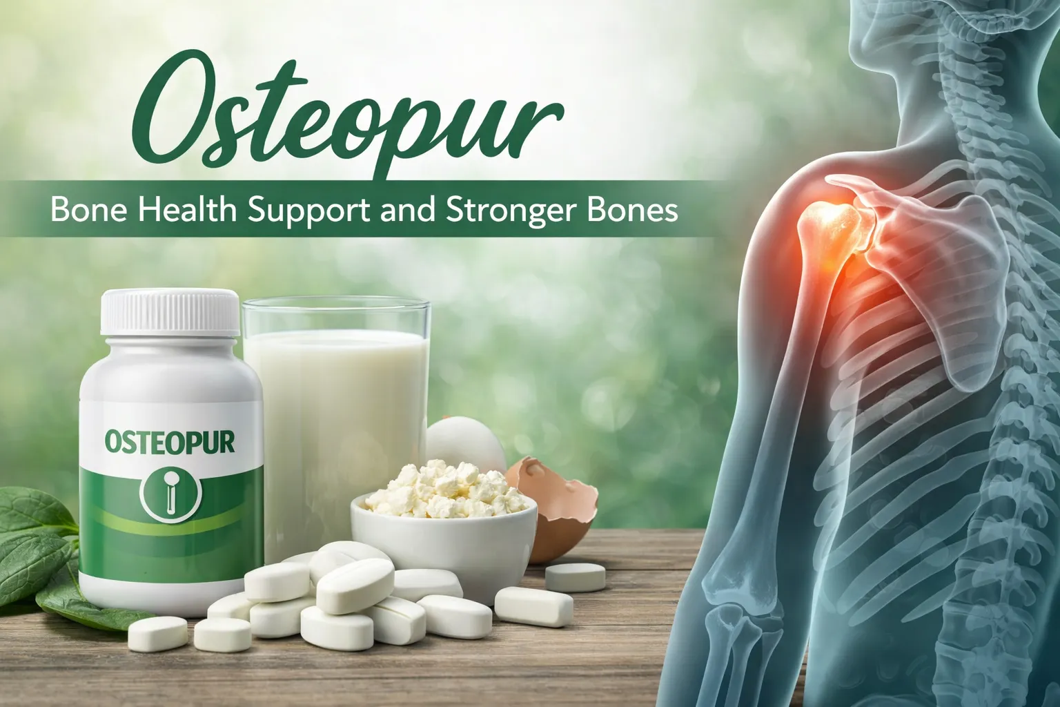 Osteopur bone health supplement concept with calcium and vitamins for stronger bones